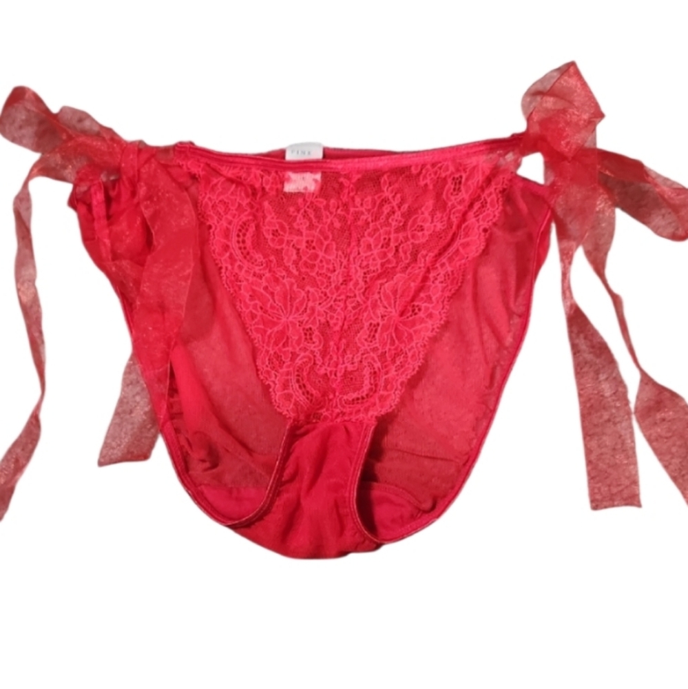 Vintage Lg 90s PINK Victoria's Secret Red Lace Panties with Organza Side Ties